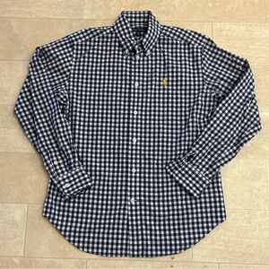 Ralph Lauren Men Medium Blue White Checked Button Down Yellow Horse Long Sleeve
